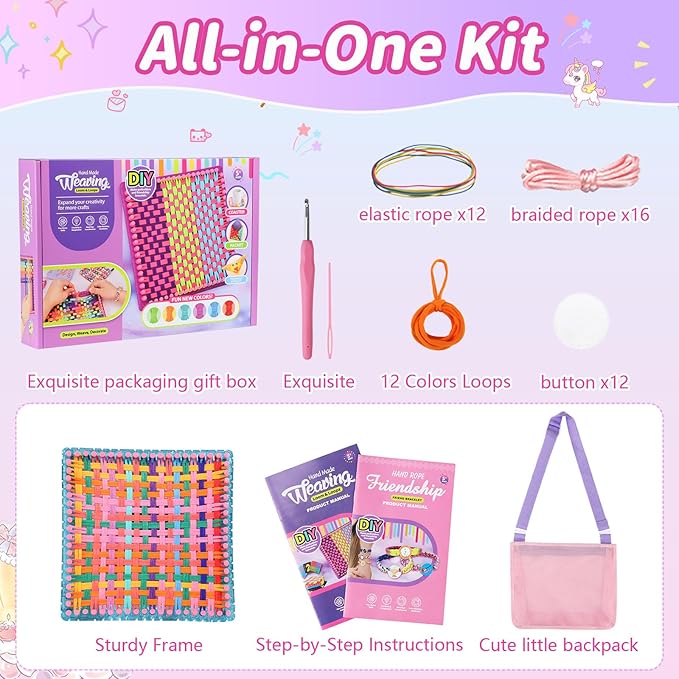 MOVATEK 328PCS Weaving Loom Kit with Friendship Bracelet Making Kit for Kids Girls Adults, 12 Colors Loom Loops, DIY Craft Kits, Bracelet & Coaster Weaving Making kit