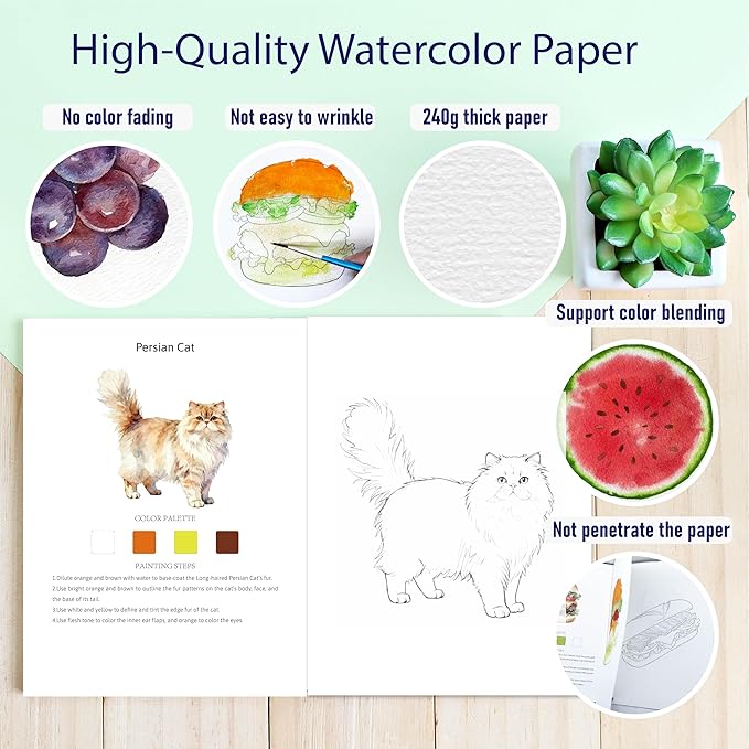 2Pcs Watercolor Workbook Creative Water Color Paint Book Set with Paints & Brush, 12 Patterns of Original DIY Designs, Beginner-Friendly Adult Coloring Books(Cat & Tree)