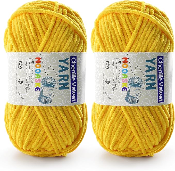 2 Pac Chenille Yarn for Crocheting - Blanket Yarn for Crocheting - Fluffy Yarn for Crochet, Baby Yarn for Crocheting Soft Blankets Weight Per Roll 50g/1.76oz, Length 60m/65yard (Golden Yellow)
