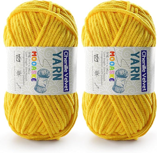 2 Pac Chenille Yarn for Crocheting - Blanket Yarn for Crocheting - Fluffy Yarn for Crochet, Baby Yarn for Crocheting Soft Blankets Weight Per Roll 50g/1.76oz, Length 60m/65yard (Golden Yellow)