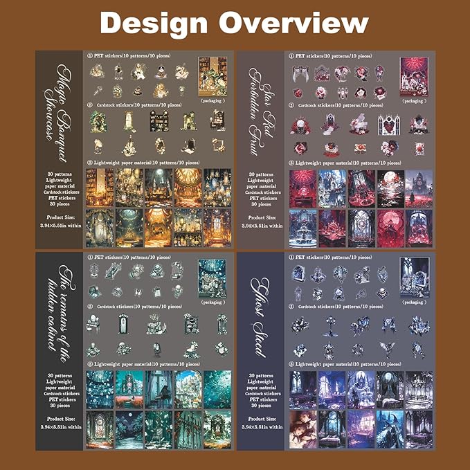 Gothic Banquet Scrapbook Stickers Pack - 120 Gothic Ephemera Designs for Journal, PET/Cardstock/Lightweight Paper, Aesthetic Dark Academia Decor