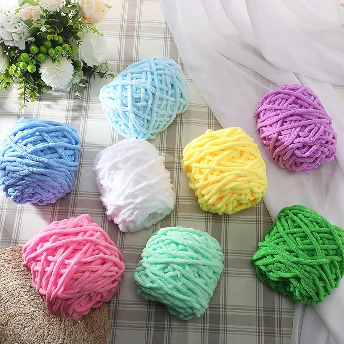 Buryeah 8 Pack Chunky Chenille Yarn for Crocheting Soft Thick Fluffy Yarn for Hand Knitting Bulky Velvet Blanket Plush for Weaving DIY Crafts Each 3.5 oz 55 Yards (Fresh Colors)
