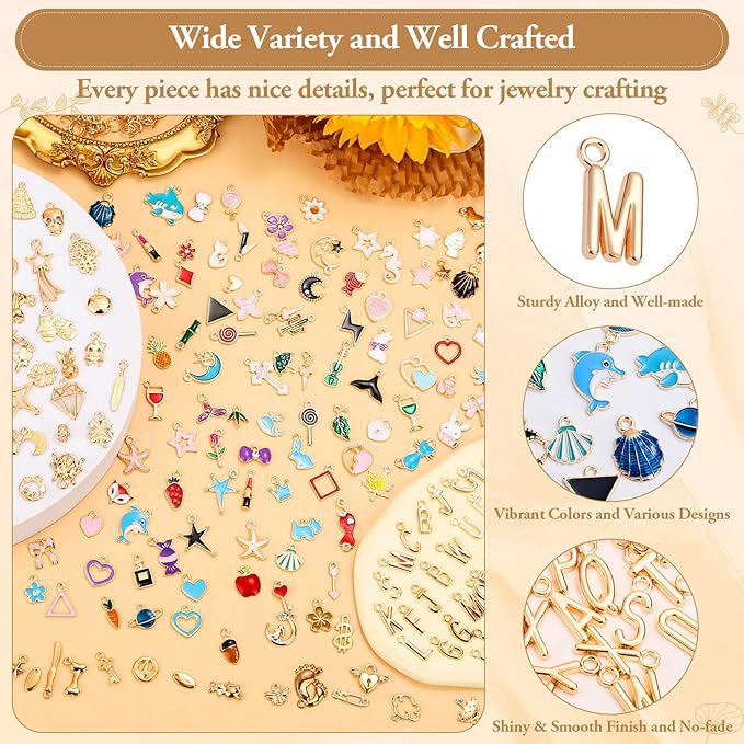Modacraft 402 Pcs Charms for Jewelry Making with Jump Rings, 3 Types Bulk Assorted Enamel KC Letter Charm for DIY Necklace Bracelet Earring Keychain Craft Supplies