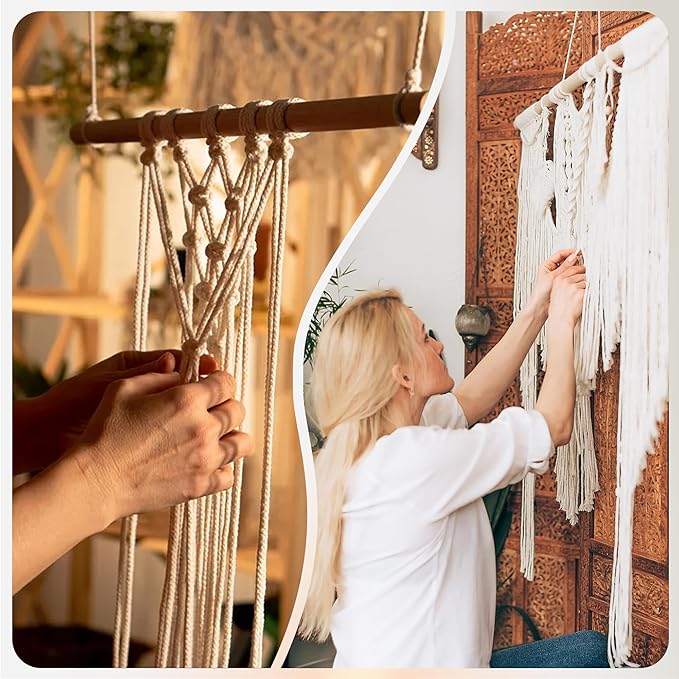227pcs Macrame Kits 3mm 115yards Wall Hanging Natural Cotton Macrame Cord with Wooden Beads & Rings Wooden Sticks, Metal S-hooks Supplies for Hanging Plant Hand Tassel weaving
