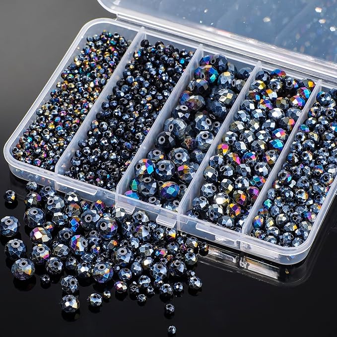 Song Xi 1250PCS 5 Different Size Black Crystal Beads for Jewelry Making, Rondelle Glass Beads for Bracelets Necklace, Earring and Making Supplies, Arts and Crafts, AB Color (3/4/6/8/10mm)