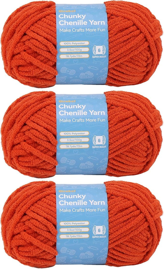 Chenille Yarn #6, Super Bulky Blanket Yarn for Crocheting & Knitting, Extra Soft Chunky Thick Yarn, Easy to Crochet, Perfect for Amigurumi, Baby Blankets, DIY Home Decor, 3Skeins(300g/10.5oz), Orange