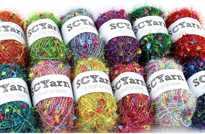 for Scrubbies 12 Skeins Bonbons Yarn Assorted Colors 100% Polyester for Scrubbies Crochet and Knitting Project - Total 648 Yards Craft Kit (Brush)