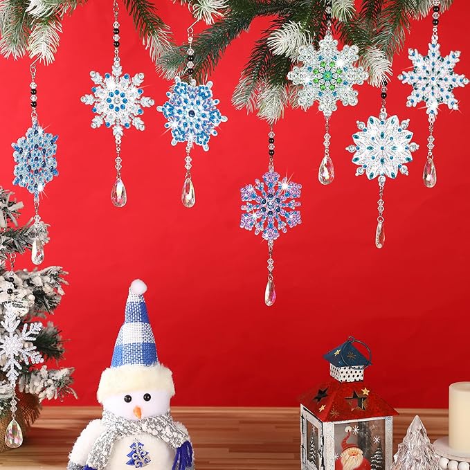 Uiifan 8 Pcs Winter Snowflake Diamond Art Kits 5d DIY Point Drill Painting Wind Crystal Wind Chimes Diamond Kit Double Sided Snowflake Ornaments with Crystal Pendant for Home Garden Hanging Decor