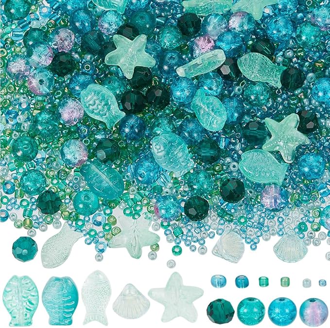 SUNNYCLUE 1 Box 3100+Pcs Sea Glass Beads Kit Glass Ocean Beads Glass Starfish Shell Fish Beads Summer Hawaii Ocean Animal Bead Cyan Spacer Loose Beads for Jewelry Making DIY Beading Crafts Supplies