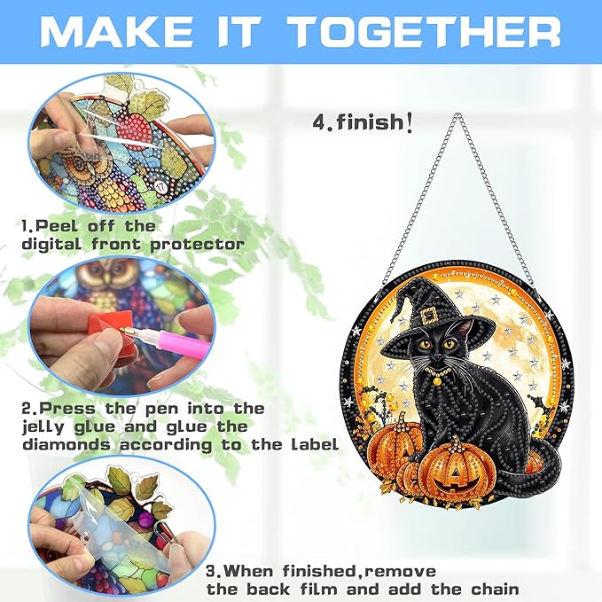 VAIIEYO Halloween Diamond Art Hanging Ornament, Black Cat Pumpkin Diamond Painting Suncatchers Window Hanging Kit with Chain, 7.5x7.5 inch Pendant Art Craft for Gift Home Wall Front Door Decoration-1