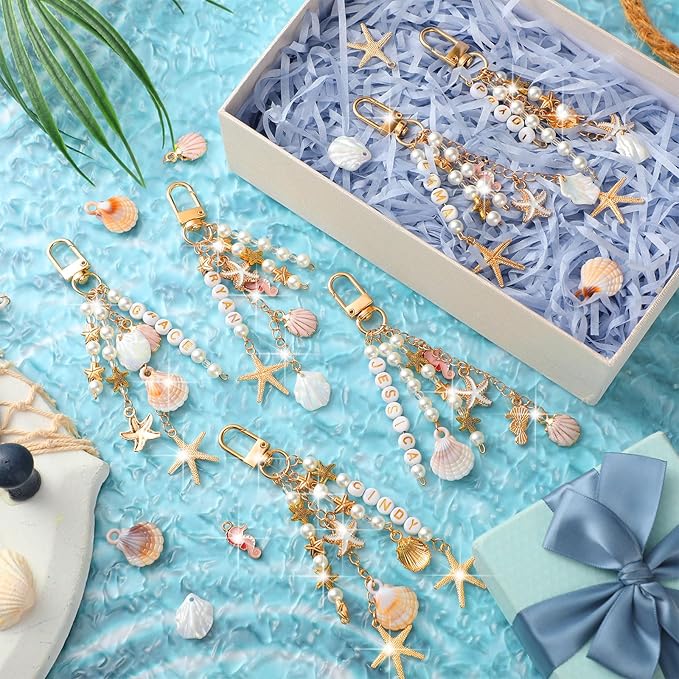 Cunno 776 Pcs Seashell Keychain Making Kit Ocean DIY Craft Key Chain Starfish Pearl Seahorse Letter Name Beads with Keychain Clip and Tool Accessories for Backpacks Purse Tote Bag Crafts DIY Supplies
