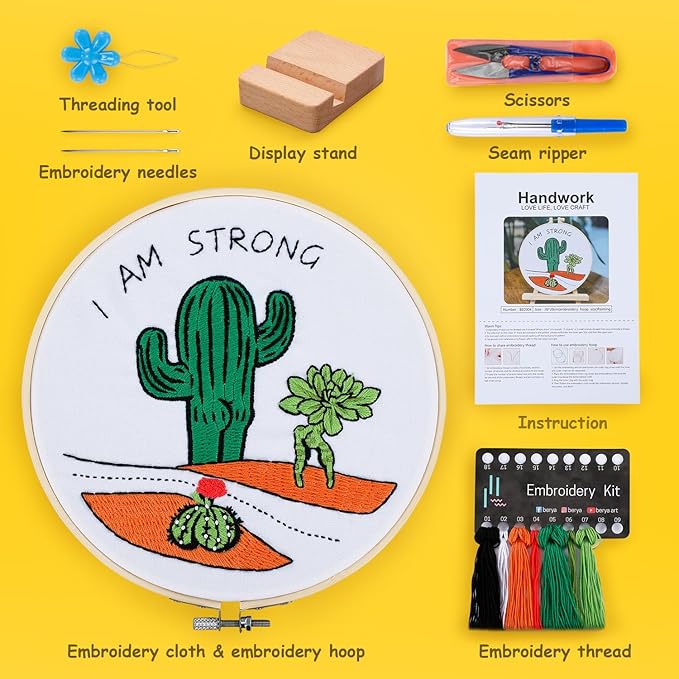 BERYA Funny Cactus Embroidery Kit with Embroidery Hoop, Easy Embroidery Kit for Beginners, Include Instructions, Display Stand, Printed Cloth, Threads and Tools - with Video Tutorials (BEC004)
