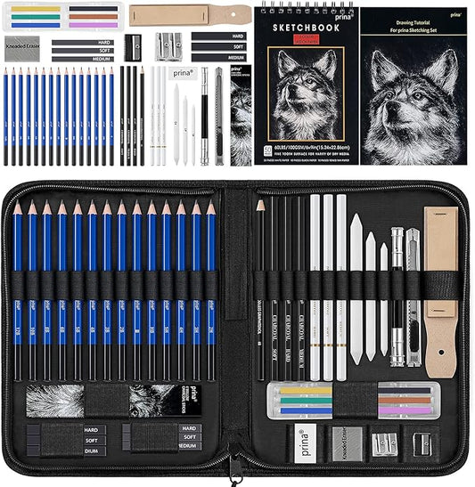 Prina 50 Pack Drawing Set Sketch Kit, Sketching Supplies with 3-Color Sketchbook, Graphite, and Charcoal Pencils, Pro Art Drawing Kit for Artists Adults Teens Beginner Kid, Ideal for Shading, Blending