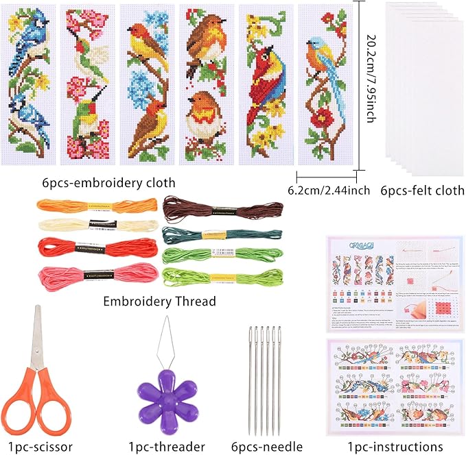 ORIGACH 6 Set Birds Cross Stitch Bookmark Kit for Beginner with Backing Felt Floss Instructions DIY Stamped Embroidery Bookmark Kit for Adults, Book Lovers