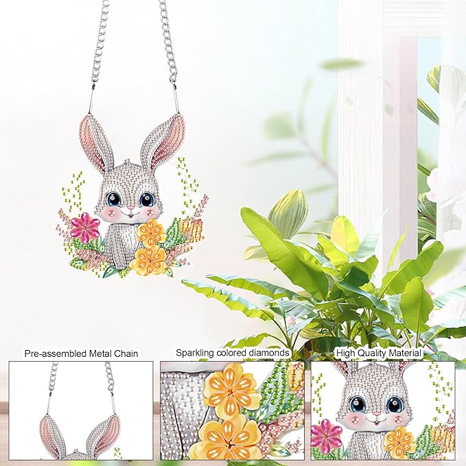 AiYuanzsh Rabbit Diamond Painting Hanging Kit, 5D DIY Acrylic Special Shaped Diamond Art Pendant Ornament for Home, Wall, Door, or Garden Decor, Easter Diamond Art Kit for Adults