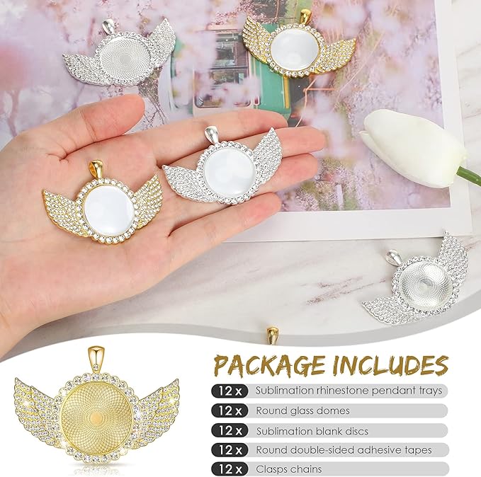Hicarer 60 Pcs Sublimation Angel Wing Jewelry Blanks Set Rhinestone Bezel Pendant Trays Gold and Silver Sublimation Necklace Blank with Chain for DIY Making Crafts Wedding Gifts