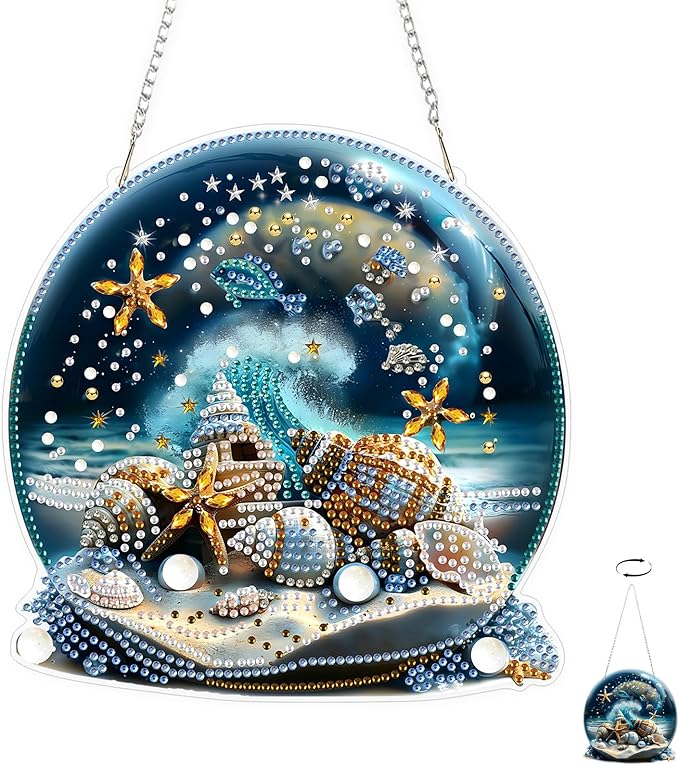 TOSTOG Ocean View Crystal Ball Diamond Art Pendant Kit for Adult, Diamond Painting Hanging Kit for Beginners, 5D DIY Crafts Gem Art, Waterproof Full Accessories for Home Decor Idea 20 * 20 cm/8 * 8 in