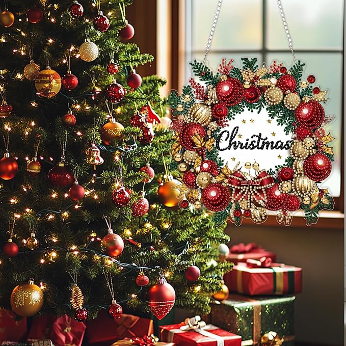 SENQAO Christmas Wreath Diamond Art Hanging Kits for Adults Beginners, DIY Acrylic 5D Special Shaped Crystal Diamond Gem Art Painting Hanging Ornament for Home Wall Decor and Gift