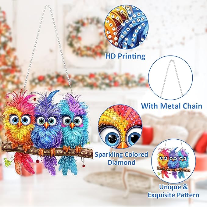 SENQAO Bird Diamond Art Hanging Kits for Adults Kids, Double Sided DIY Acrylic Diamond Art Painting Window Pendants Home Garden Wall Hanging Kits Hanging Ornament
