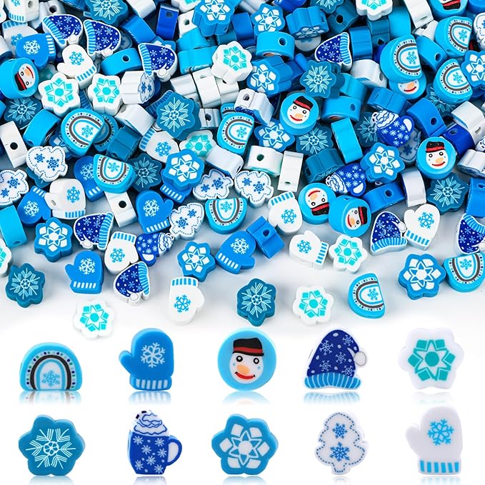 Augshy 300Pcs Winter Beads for Jewelry Making, Winter Blue Polymer Clay Beads Holiday Snowflake Snowman Craft Bead for Bracelets Necklaces Earrings Making Supplies