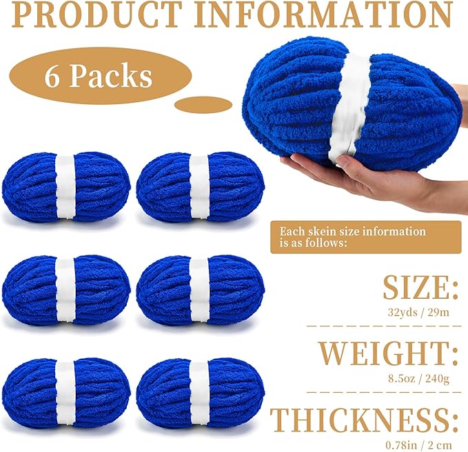 Chunky Chenille Yarn for Crocheting/Arm Knitting, Super Soft Jumbo Knit Blanket Yarn Purplish Blue 6 Pack (32 yds, 8.5 oz Each Pack)