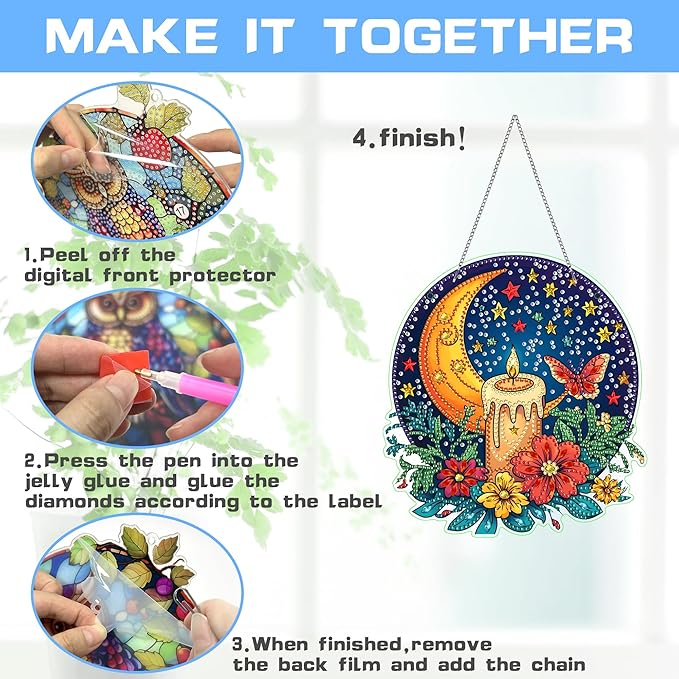 VAIIEYO Moon Diamond Art Hanging Ornament, Flower Diamond Painting Suncatchers Window Hanging Kit with Chain, 7.5x7.5 inch Crystal Pendant Art Craft for Gift Home Wall Front Door Decoration