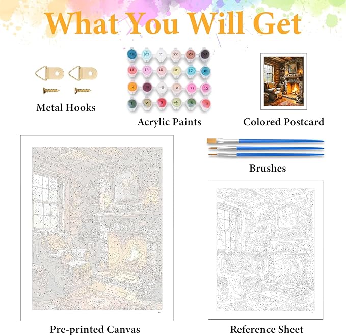 Okarina Paint by Numbers Kit for Adults Beginner Fireplace, Adult Paint by Number Kits on Canvas, Log Cabin DIY Acrylic Oil Painting by Numbers for Adults, Perfect for Home Wall Decor 16X20 Inch