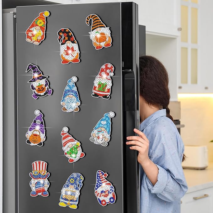 Frienda 12 Pcs 4th of July Diamond Art Magnets Refrigerator Patriotic Diamond Painting Magnets Holiday Gnome Easy Kits Interchangeable for Adults Beginners DIY Gnome Home Decors Gifts Craft