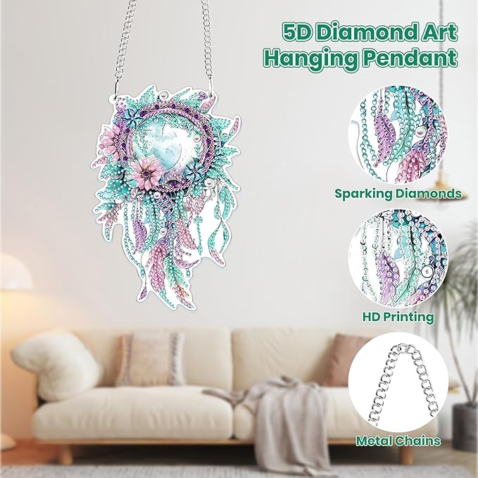 MOGTAA Dream Catcher Diamond Art Hanging Pendant Kits, 5D Special Shape Diamond Art Kits for Adults, Crystal Rhinestones Flowers Diamond Painting Gem Art for Home Garden Wall Decor