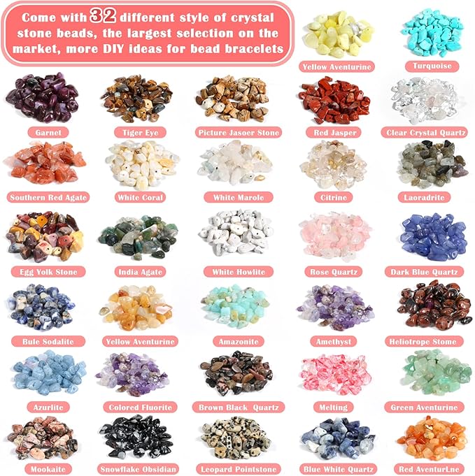 Jollidecor 32 Colors Crystal Stone Beads for Ring Making, Crystal Chips Gemstone Beads Kit Assorted for Jewelry Bracelets, 5mm to 8mm Irregular Rocks Beads Necklace Earring Craft DIY Supplies