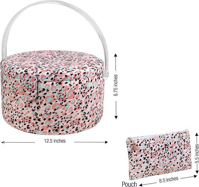 SINGER Large Round Sewing Basket with Emergency Travel Sewing Kit & Matching Zipper Pouch - Rose Pink Leopard Print