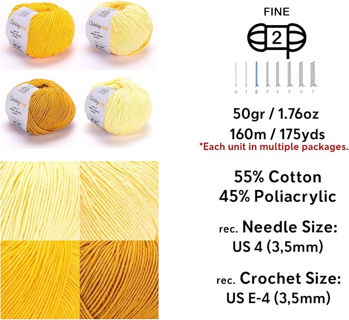 Cotton Yarn Kit - 4 Multicolor Balls Soft Sport Weight Yarn for Crochet & Amigurumi - 50g / 175yds Each & 10 Stitch Markers (H06 - Gold / Yellow)