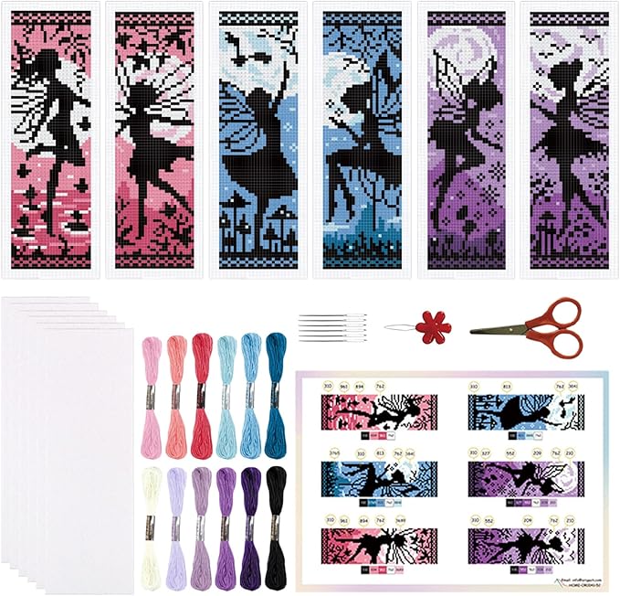ORIGACH 6 Set Fairy Silhouette Cross Stitch Bookmark Kit for Beginner with Backing Felt Floss Instructions DIY Stamped Embroidery Bookmark Kit for Adults, Book Lovers
