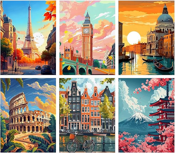6 Pack Stamped Cross Stitch Kits for Adults - Cross Stitch Kits for Beginners,11 CT Famous Cityscape Cross Stitch Patterns Dimensions DIY Counted Cross Stitch Kits for Adults Arts Craft 12x16 inch