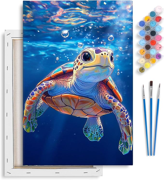 Yezavesu Framed Paint by Numbers Kit for Adults Beginner & Kids Ages 8-12, Sea Turtle Paint by Numbers with Frame, DIY Number Painting for Adults Sea Turtle for Home Wall Decor Gift 8x12 inch