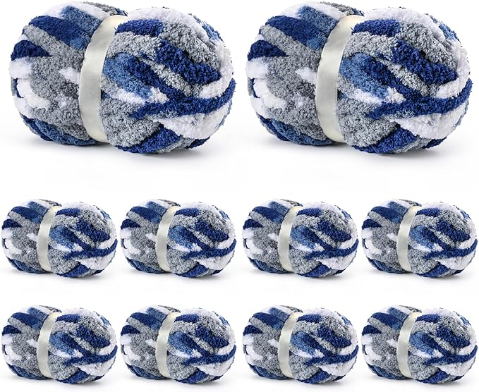 10 Pack Jumbo Chunky Yarn for Hand Knitting, Fluffy Variegated Chunky Chenille Yarn for Crocheting, 240yds/70.5oz Super Bulky Soft Crochet Baby Blanket Yarn(Blue-White)