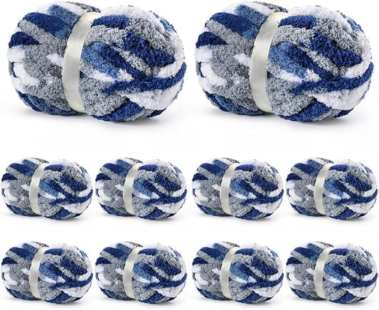 10 Pack Jumbo Chunky Yarn for Hand Knitting, Fluffy Variegated Chunky Chenille Yarn for Crocheting, 240yds/70.5oz Super Bulky Soft Crochet Baby Blanket Yarn(Blue-White)