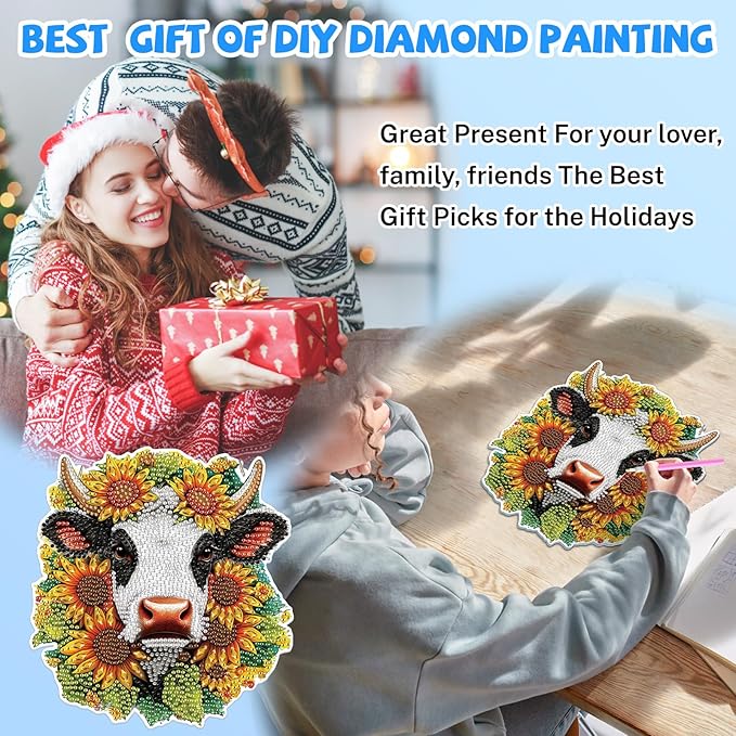 Bowetile Hanging Diamond Art Cow Kits for Adults, 5D Special Shape Diamond Painting Sunflower Kits, Animal Diamond Gem Art Suncatchers Painting Pendant Ornament for Home Garden Wall Decor