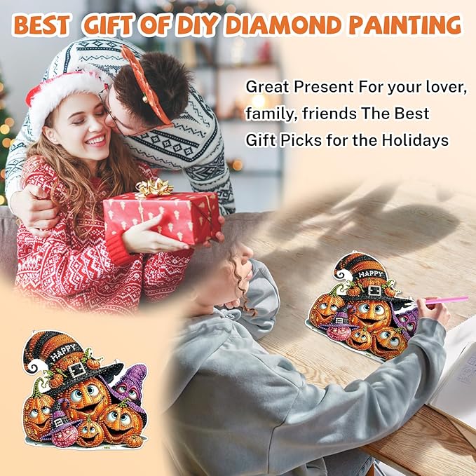 Bowetile Halloween Diamond Art Hanging Kits for Adults, Pumpkin Diamond Art Suncatchers, 5D Special Shape Diamond Painting Pendant Window Ornament Halloween Gifts for Home Garden Door Wall Decor