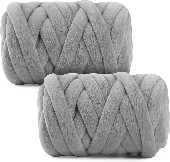 Chunky Yarn for Hand Knitting & Arm Knitting - 2-Pack Value Bundle (1.32lb Total) of Super Bulky Velvet Chenille Tube Yarn for Larger DIY Projects | No-Tool, Machine Washable, Gray
