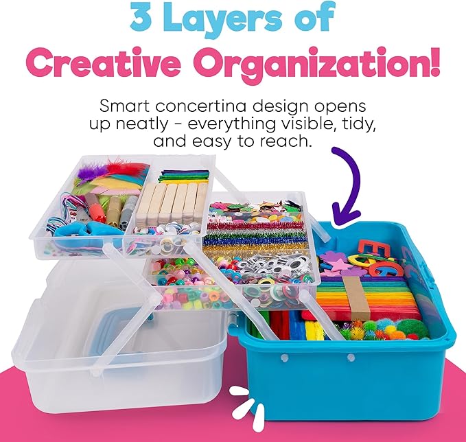 blue squid arts & crafts box (blue)- 2800+ pcs deluxe craft supplies box, 2 drawers, 18 compartments, sturdy handle - art crafting kit birthday gifts for kids, school supply for ages 4-12