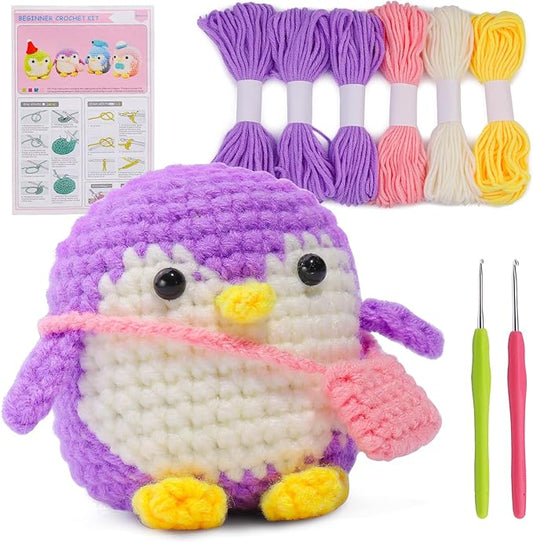 IMZAY Crochet Kit for Beginners, Beginner Animal Kit, Cute Starter with Video Tutorial, Hooks, Colored Yarns, Stitch Marker Complete Set to Make Purple Penguin