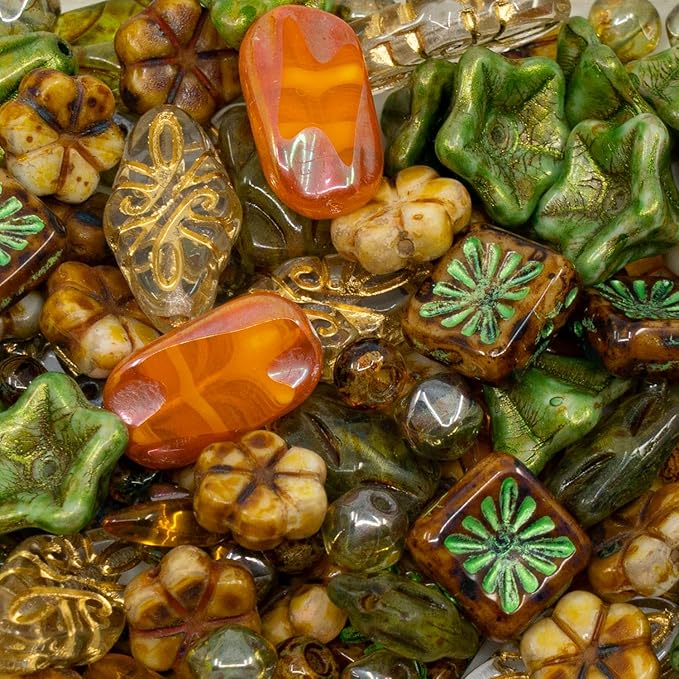 1.4oz (40g) Limited Mix of Czech Glass Beads, Hand Made Set Kit, Green Petunia Beads Orange Table Cut Beads
