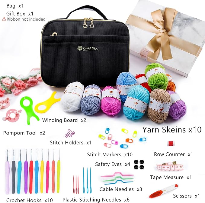 MYBAGZING Crochet Kit for Beginners with Yarn Storage Bag, 10pcs Crochet Hooks 2.0-6.0 mm, 10 Skeins Yarn for Crocheting, Knitting Accessories, 58pc Crochet Starter Kit for Adults