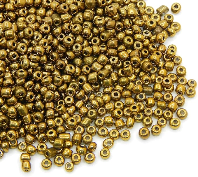 Perlin Glass Seed Beads 4mm 6/0 Round Mini Small Pony Spacer Beads 1100pcs for Jewelry Making Earrings Bracelets Pendants Waist DIY Handmade Metallic Color Kit (Gold Antique)