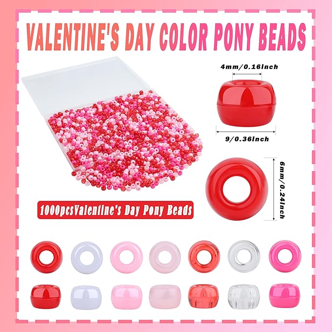 1000 Pcs Valentine’s Day Beads Bulk 6MM Red Pink Pony Beads Bulk for Crafts Hair Bracelets Plastic Red Pink Pony Bead for DIY Jewelry Party Gift Supplies