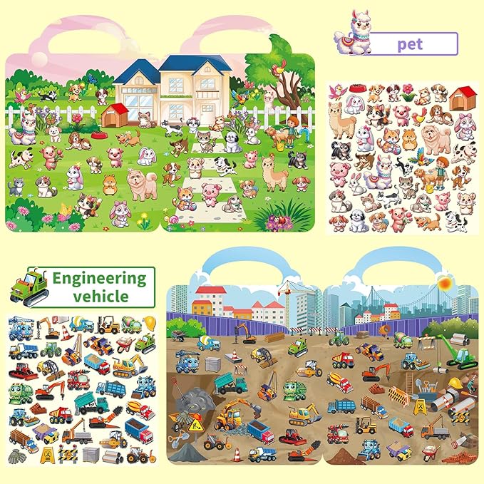 kalysky 6 set reusable sticker books for toddlers 1-3 2-4, kids 3d puffy stickers (dinosaurs, forest, town, pets, construction, insects), sticker activity books