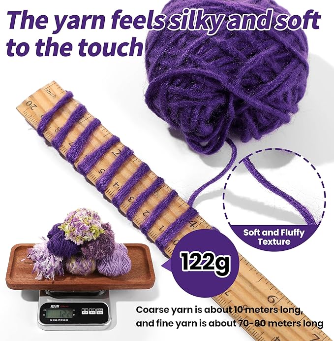 Hand Spun Art Yarn Kit - 6 Skeins 525 -Yard Vintage Style Blended Fibers with Wood Buttons & Crochet Hook for Knitting, Crochet, Textile Decorative, Tassels, Jewelry Making, Fiber Crafts (Violet)
