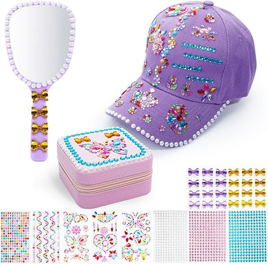 Christmas Gifts for Girls Decorate Your Own Baseball Cap with 10 Sheets Gem Stickers, DIY Arts and Crafts Kit for Kids 4 5 6 7 8 9 10 11 12 Years Old, Girls Handheld Mirror Jewelry Case (Purple)