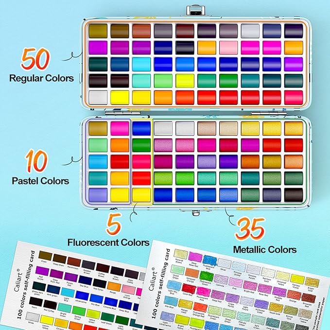 Caliart 100 Colors Watercolor Paint Set, Portable Travel Water Color Palette Kit with Detail Paint Brush, Art Supplies for Painting Coloring, Drawing Gifts for Adults Professional Artists